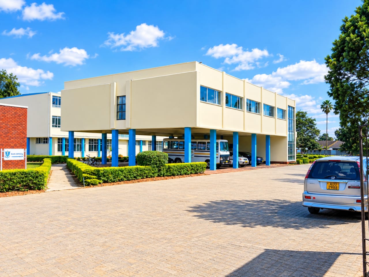 The modern school building and driveway