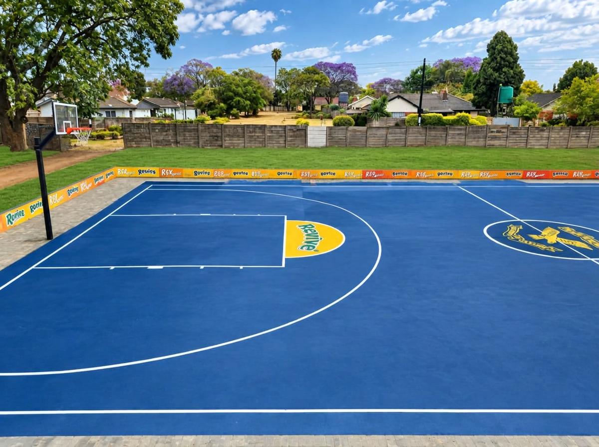 The blue outdoor basketball court