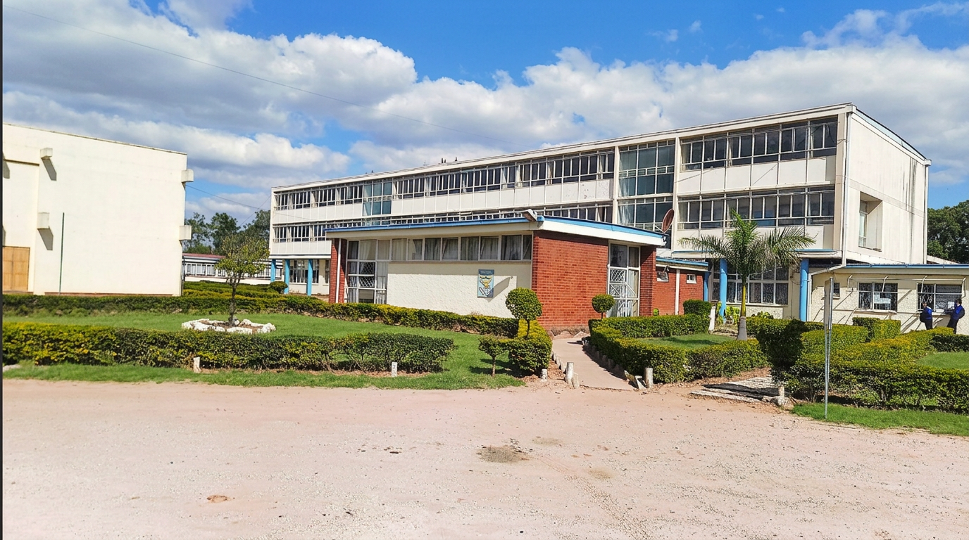 Panoramic view of the school classroom block and landscaped grounds