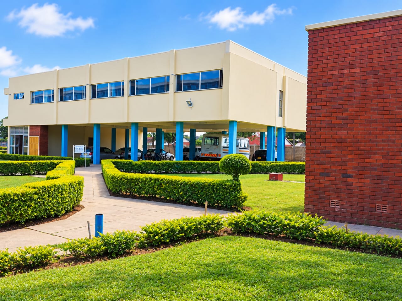Main block and gardens under a blue sky